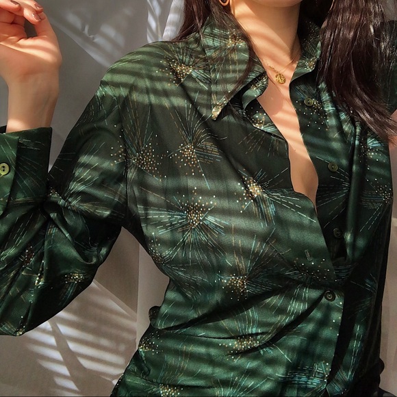 Mod Vintage 1970s Emerald Button Up Blouse - Picture 2 of 2